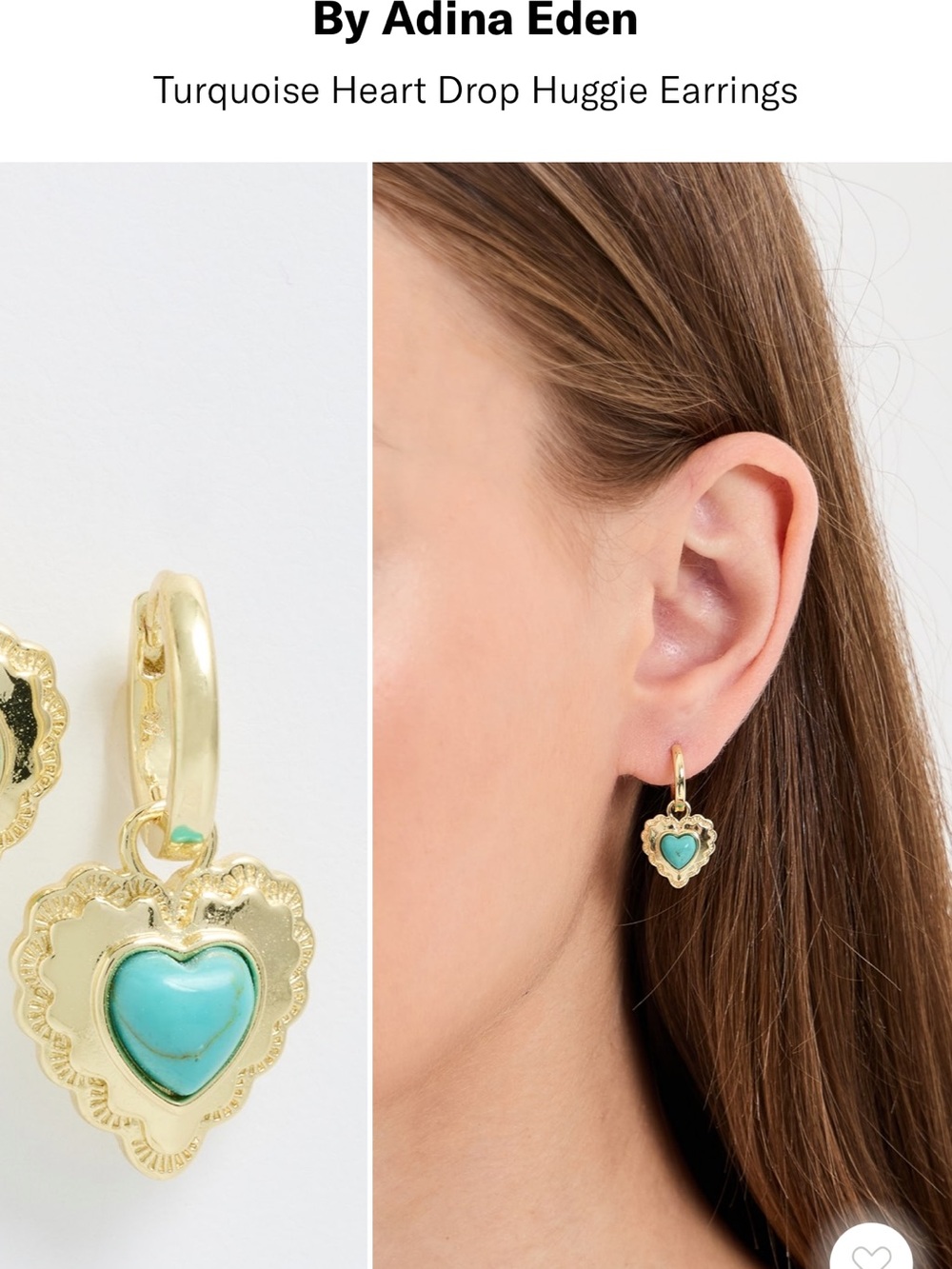 Adina Eden Gold Heart Huggie Earrings with Turquoise Heart
